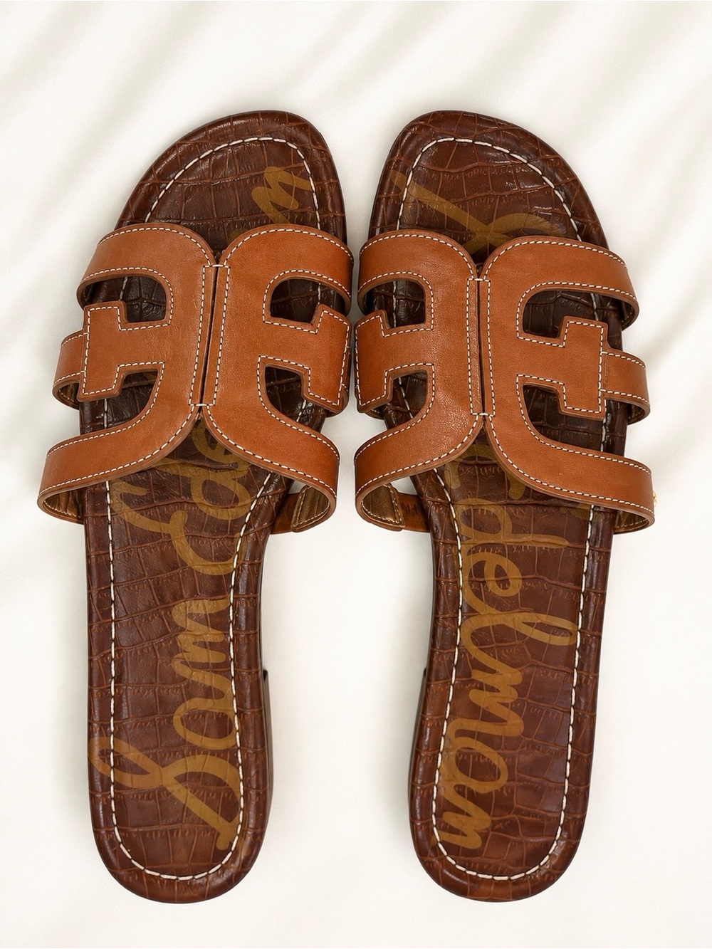 Sam Edelman Bay Slide Sandals Size 8 Saddle Brown Leather Cutout Logo Flats